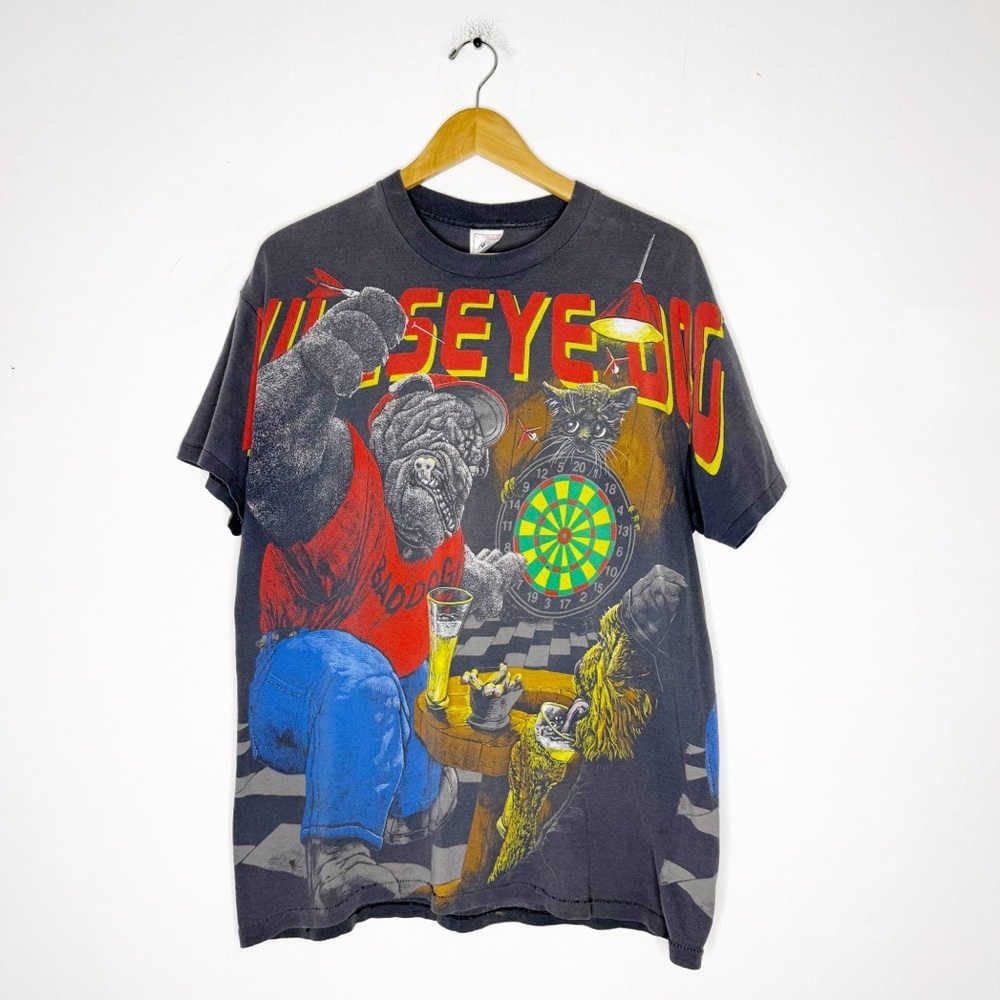 Vintage 90s Bad Dog Bulldog & Cat Darts Graphic Tee Large | Delta USA